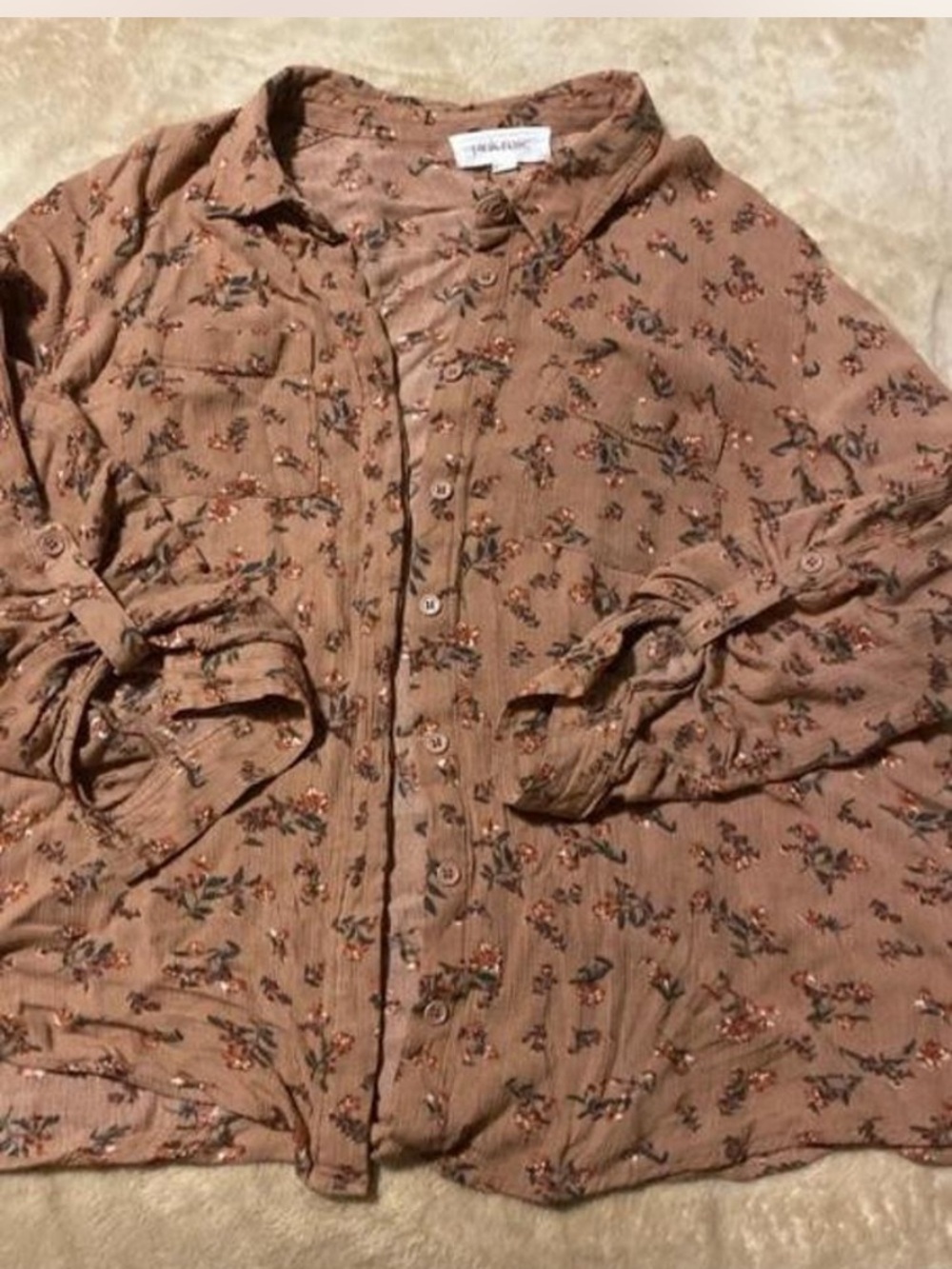 Pink Rose Women's Brown Floral Button-Down Shirt Sz S